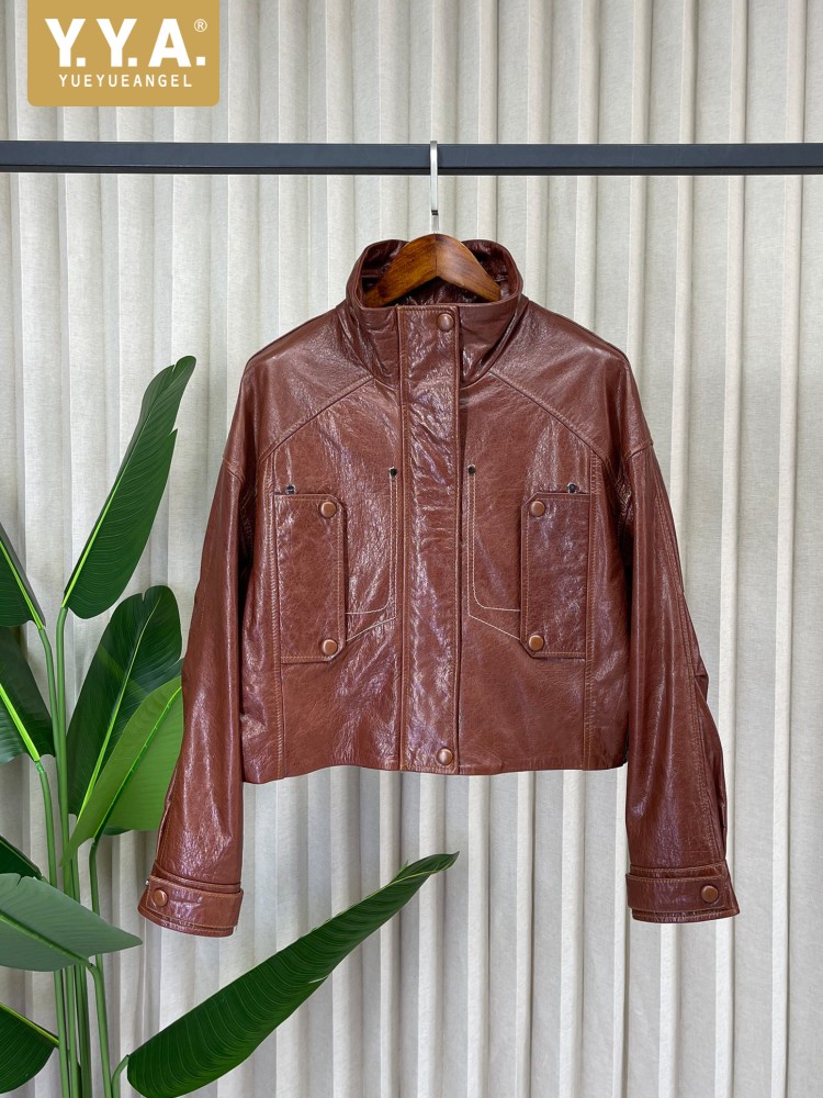Leather Work Jacket Women'S - Jaqueta Curta Feminina de Couro Genuíno