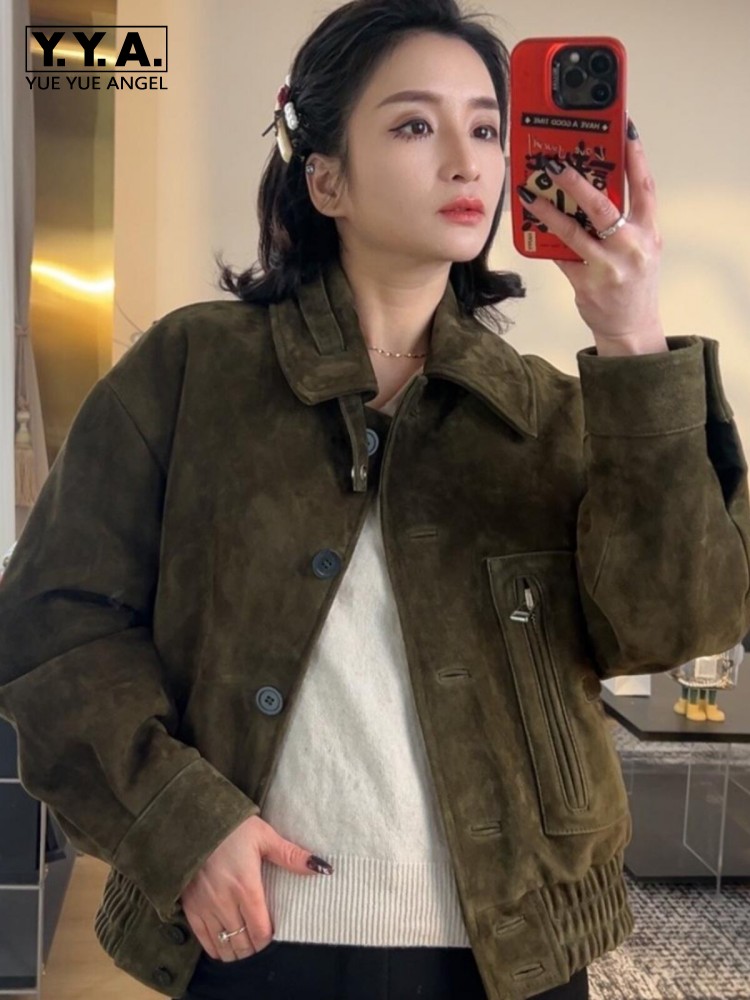 Leather Work Jacket Women'S - Jaqueta Feminina de Luxo Retrô em