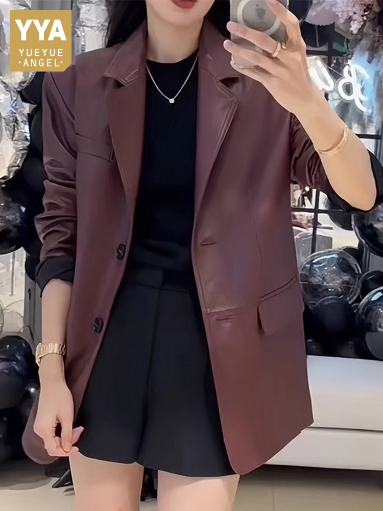 Leather Work Jacket Women'S - Outono escritório senhoras trabalho meados longo