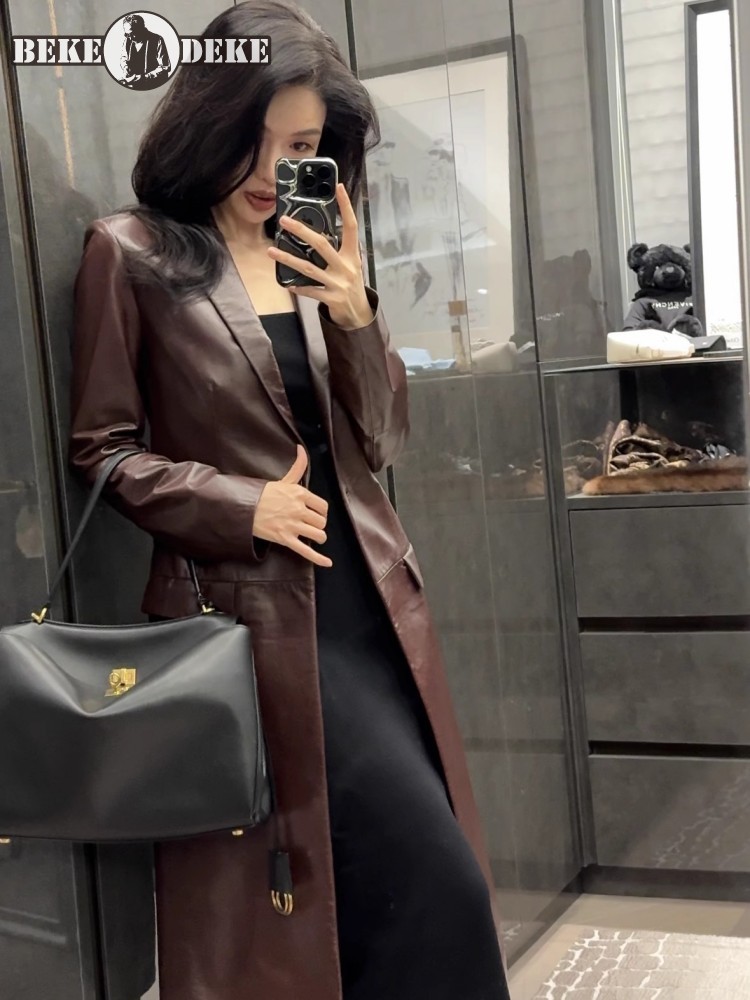 Leather Work Jacket Women'S - Designer italiano feminino longo pele de