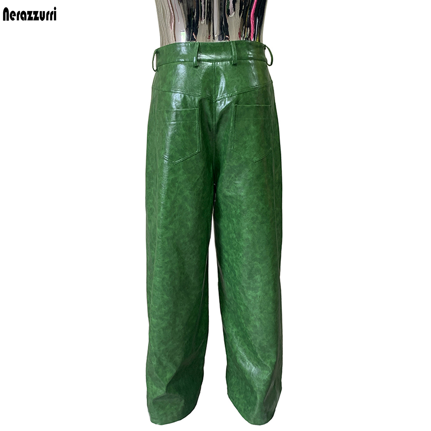 Leather Work Pants - Calças largas de couro PU verde