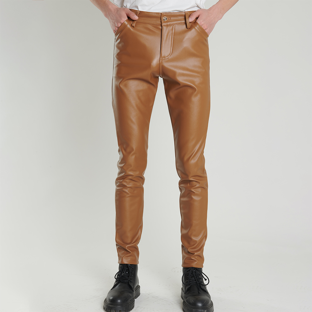 Leather Work Pants - Calças de couro masculinas skinny fit
