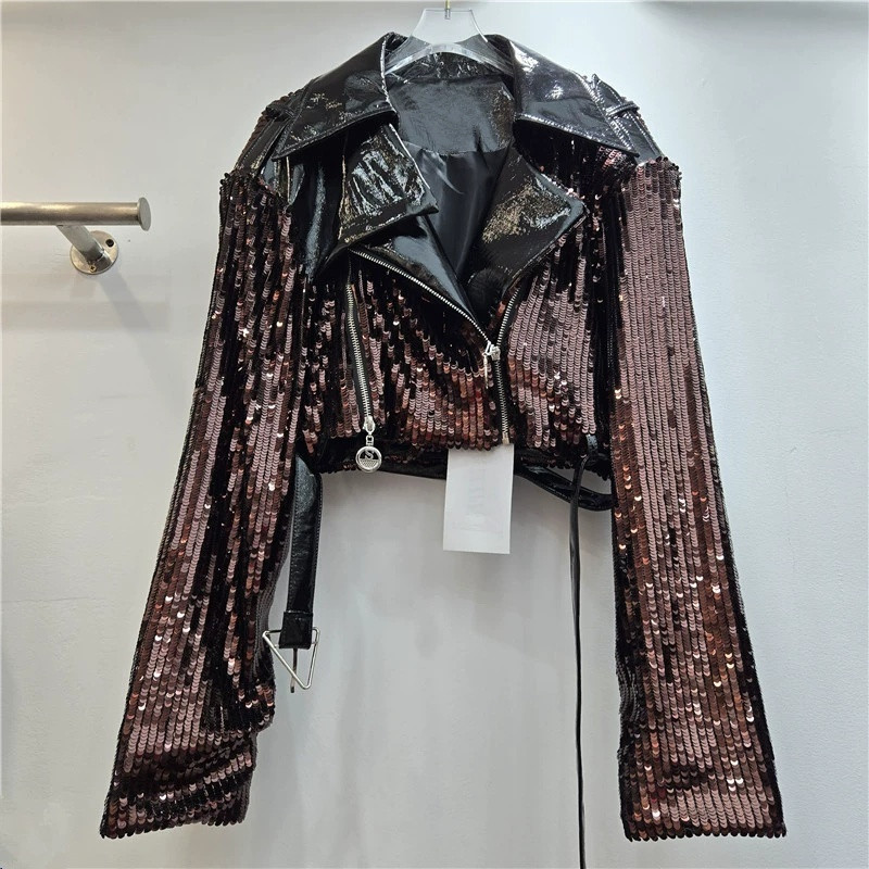 Leather Work Jacket Women'S - Jaqueta Curta Feminina com Lantejoulas e